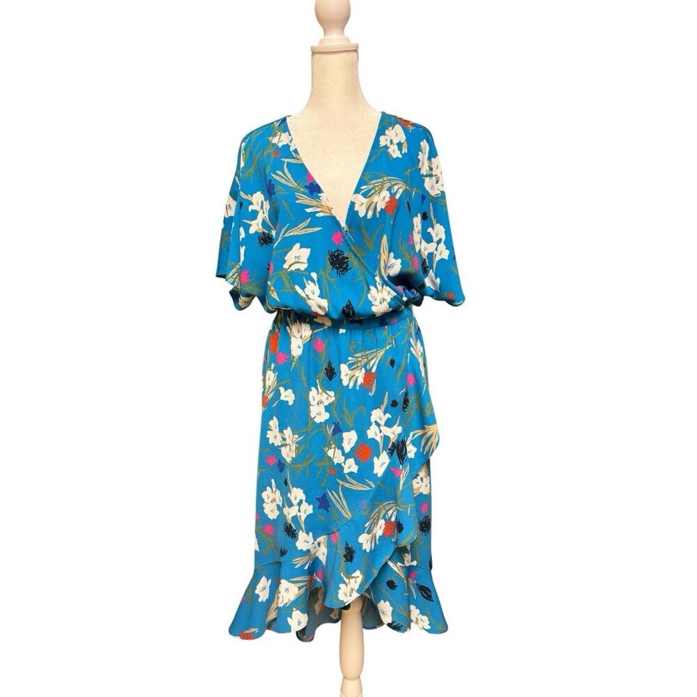 J Crew Mercantile L Blue Floral Wrap Dress Flutter Sleeve Ruffle Hem